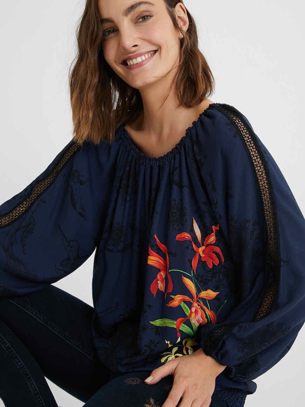 Desigual Navy Blouse “Carla” with Colorful Floral Design 
US XL NWT